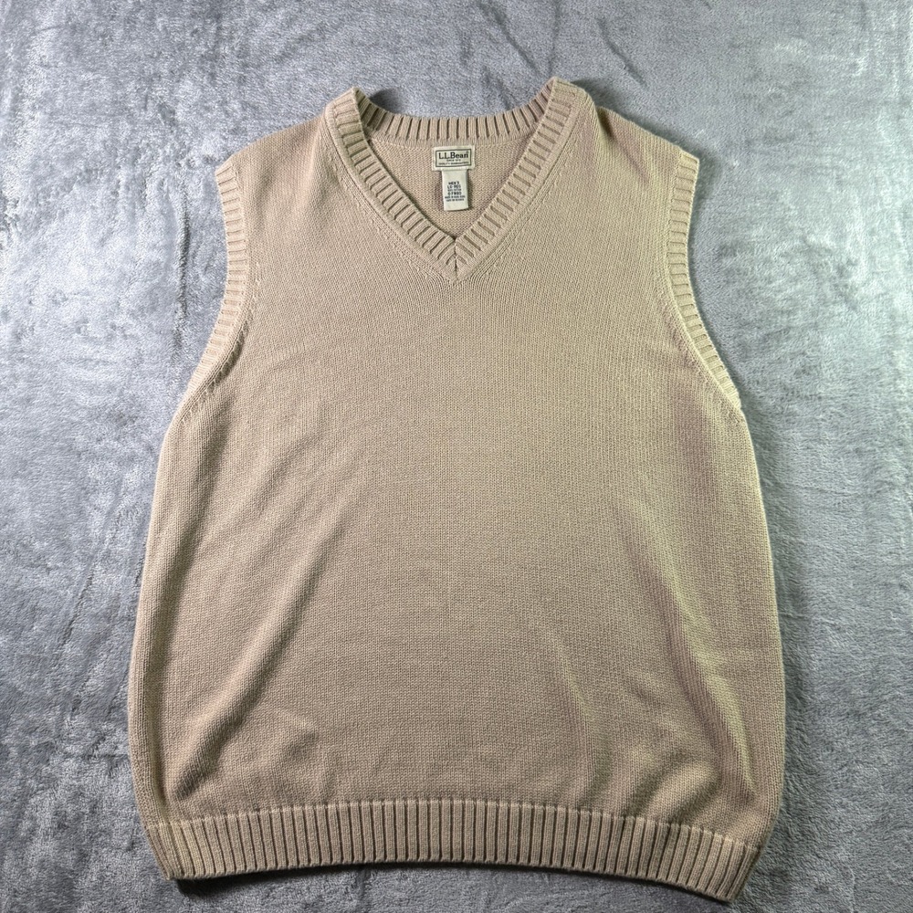 VTG L.L.Bean Mens Sweater Vest Large Beige Cotton Knit V-Neck Sleeveless Casual